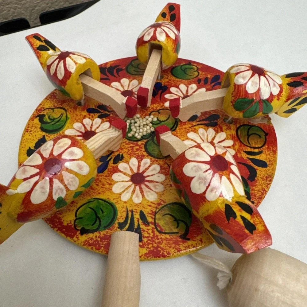 Vtg Wooden Russian Folk Art Pecking Chickens Moveable Toy Hand Carved